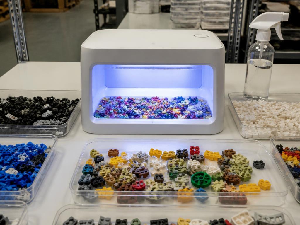 LEGO pieces being sanitized at a UV cleaning station