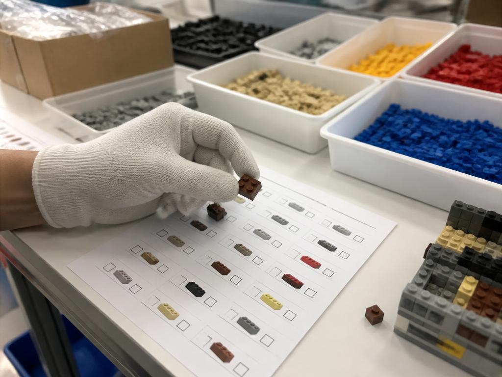 A team member inspecting LEGO pieces against an inventory checklist