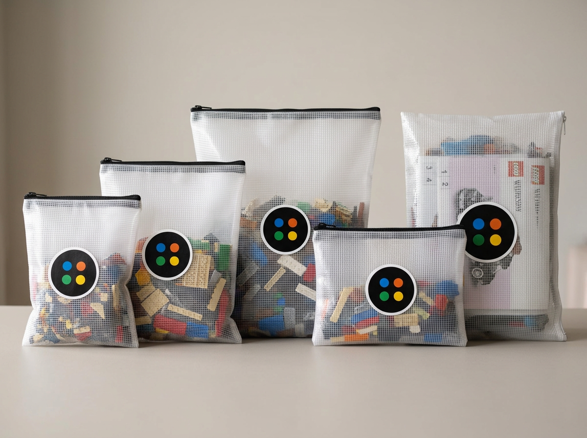 Five translucent white zippered Bryck Box organization bags with the round Bryck Box logo sticker, sorted by size