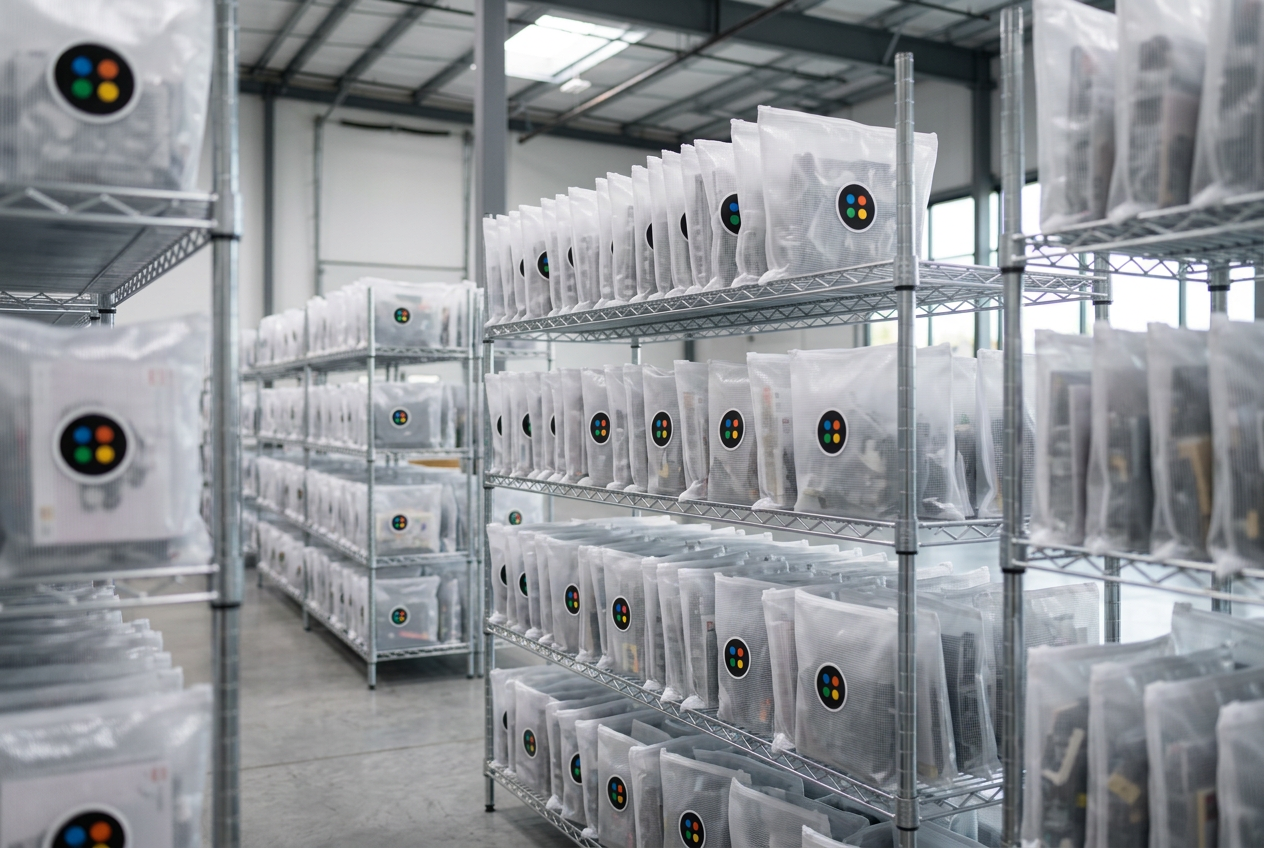 Warehouse shelves lined with translucent zippered Bryck Box organization bags