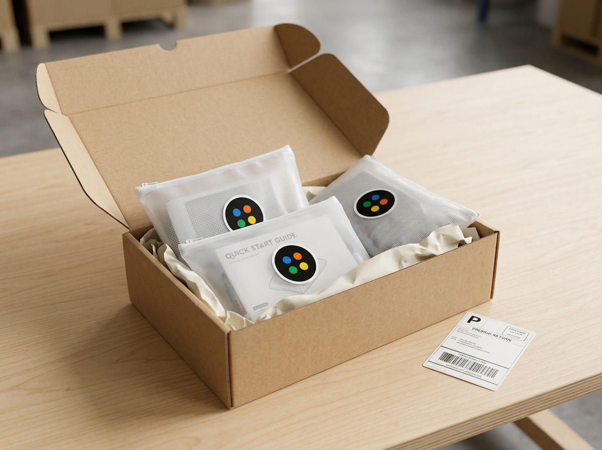 A shipping box packed with translucent Bryck Box organization bags, packing paper, and a prepaid return label