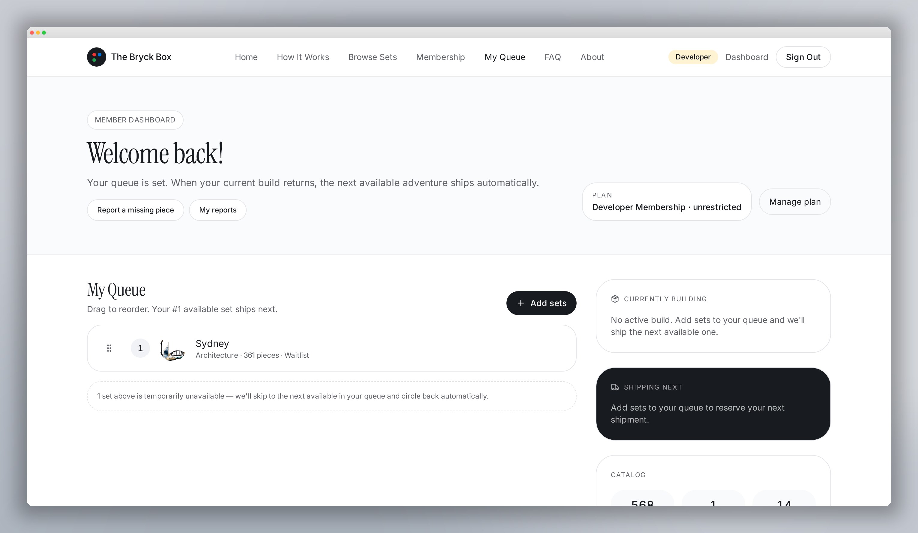 Member dashboard showing the Missing Piece Report feature